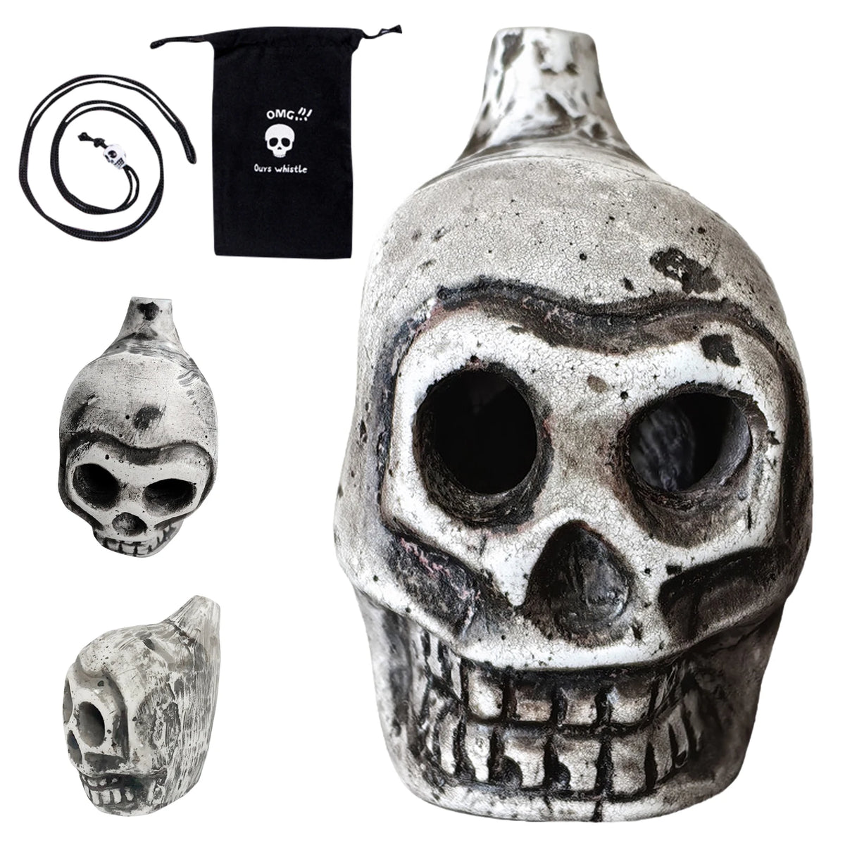 A detailed ceramic skull whistle featuring an Aztec design and dark gray finish.