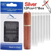A box of silver self-threading sewing needles with one box and twelve needles inside