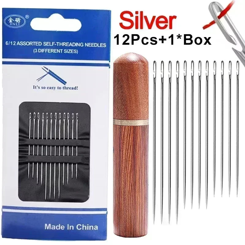 A box of silver self-threading sewing needles with one box and twelve needles inside