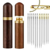 A set of twelve self-threading sewing needles with a wooden storage case and gold-colored clip.