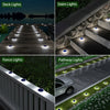 A collage showing various outdoor lighting products including deck lights, stairs lights, fence lights, and pathway lights.