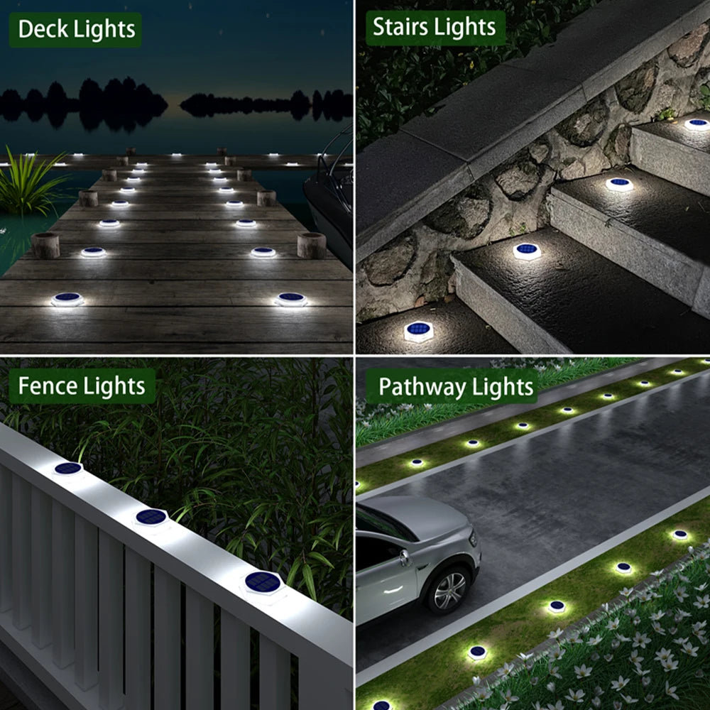 A collage showing various outdoor lighting products including deck lights, stairs lights, fence lights, and pathway lights.