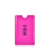 A bright pink RFID blocking aluminum card holder with a protective case.