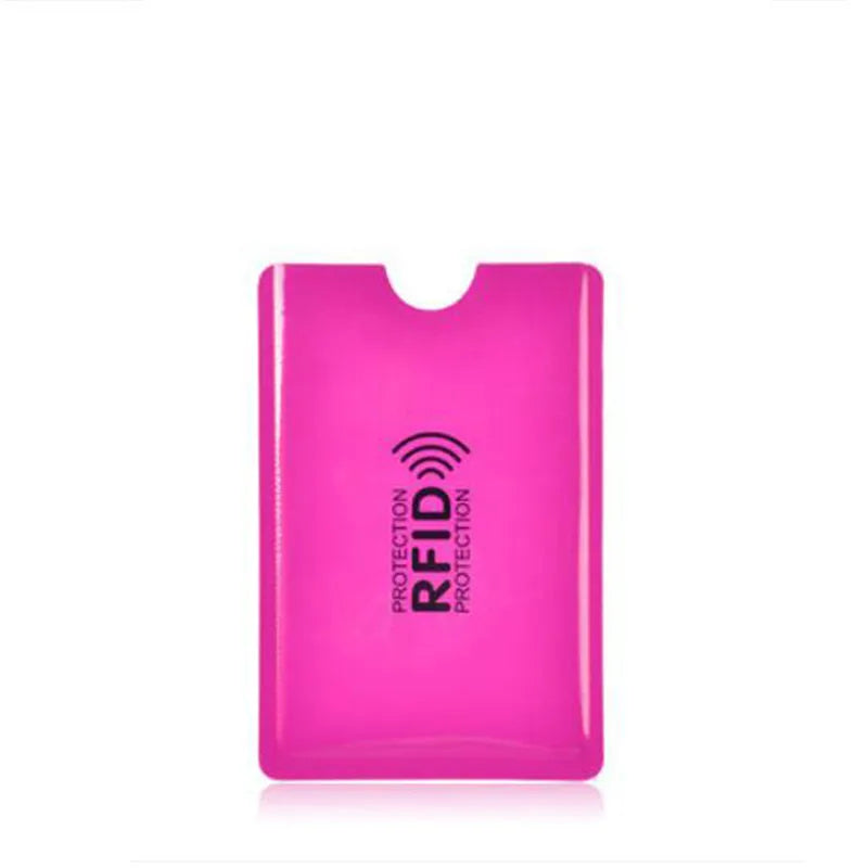 A bright pink RFID blocking aluminum card holder with a protective case.