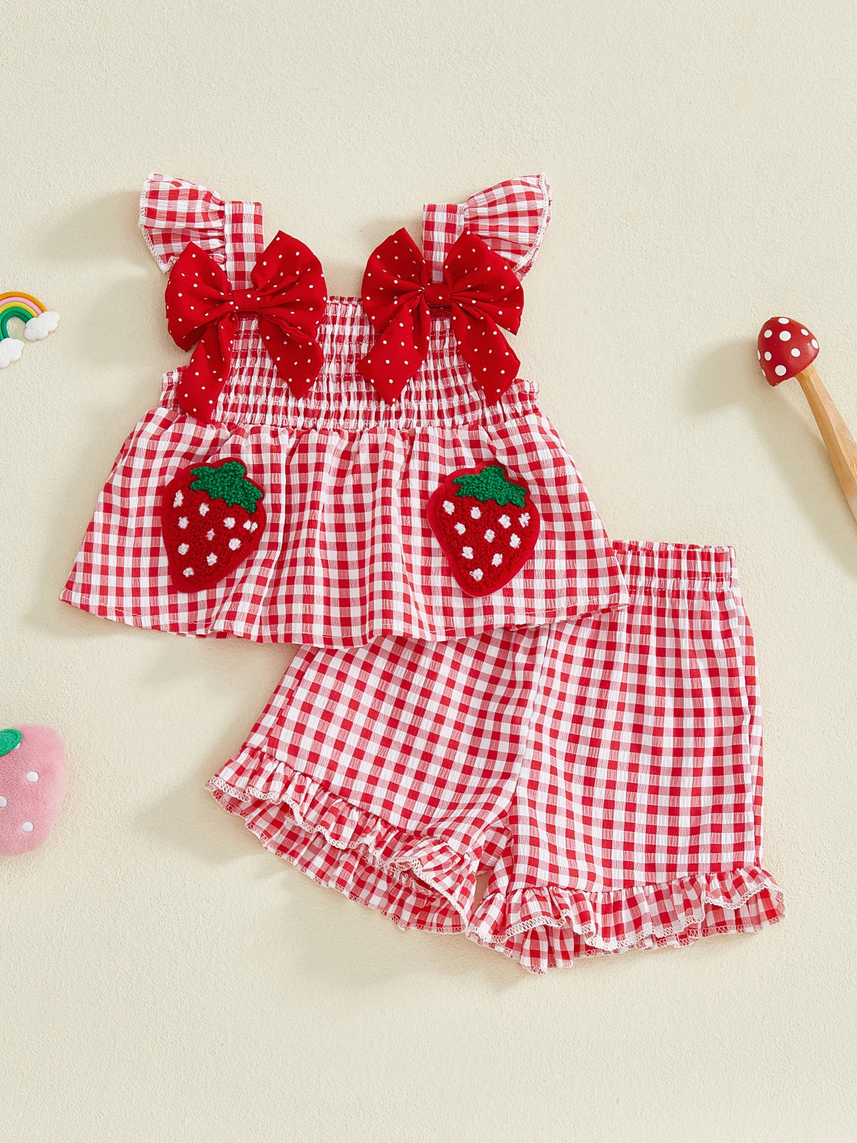 Strawberry Embroidered Plaid Tank Top and Shorts Set for Toddler Girls