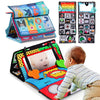 A high-contrast crinkle cloth book with a tummy time mirror for babies featuring various animal characters.