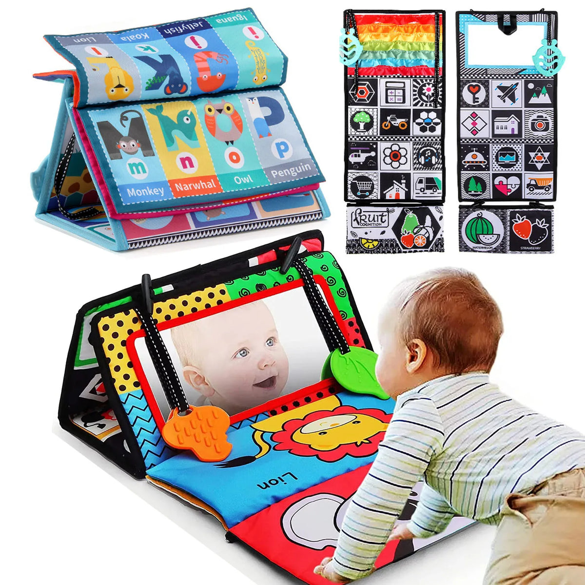 A high-contrast crinkle cloth book with a tummy time mirror for babies featuring various animal characters.