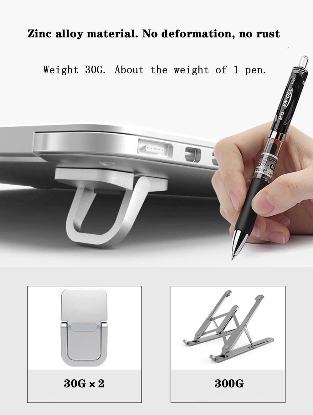 A silver aluminum portable laptop stand is shown next to a pen, demonstrating its light weight and design.
