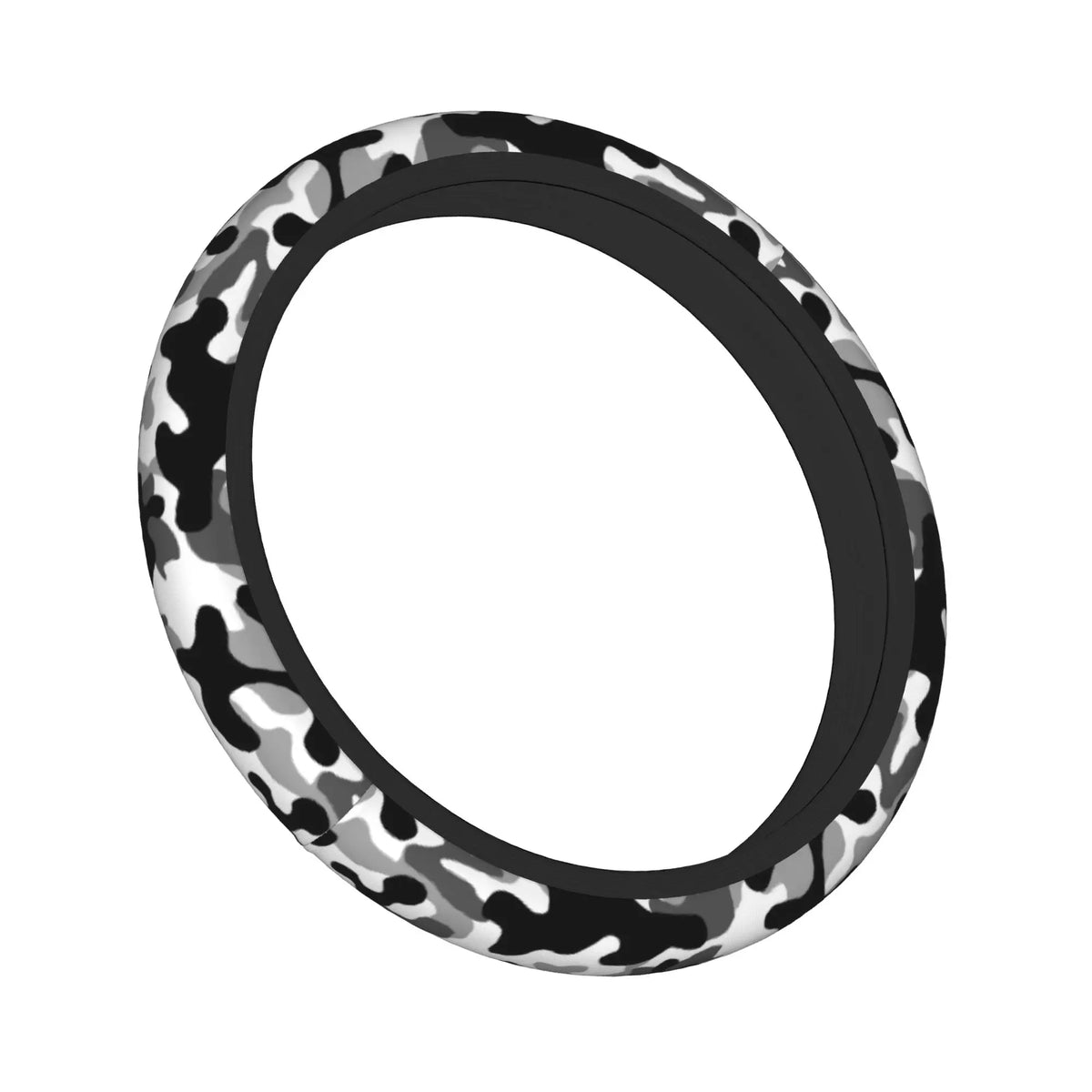 A black steering wheel cover with a camouflage pattern.
