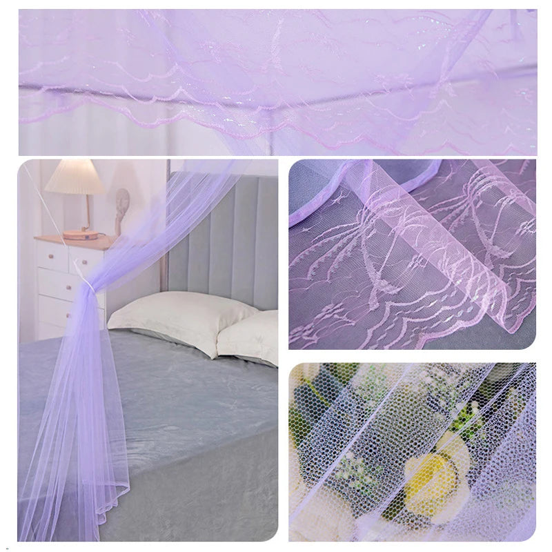 Purple princess-style lace canopy mosquito net draped over a bed and used as a window covering.