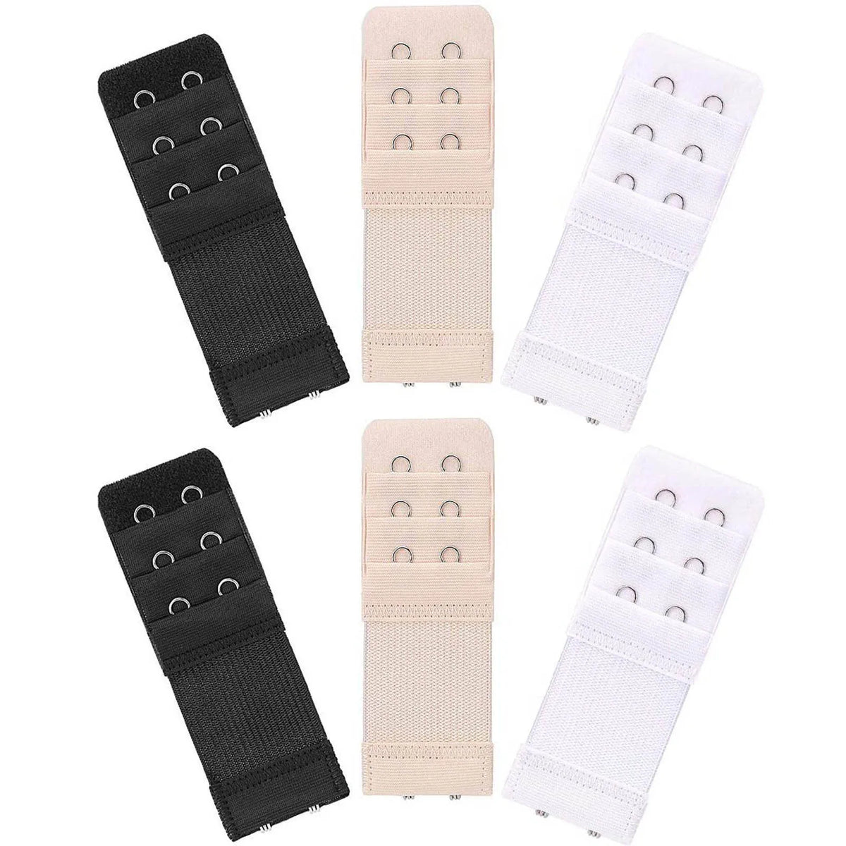 A set of black and white soft stretch bra extenders with 3-position hook adjustment shown in various orientations.