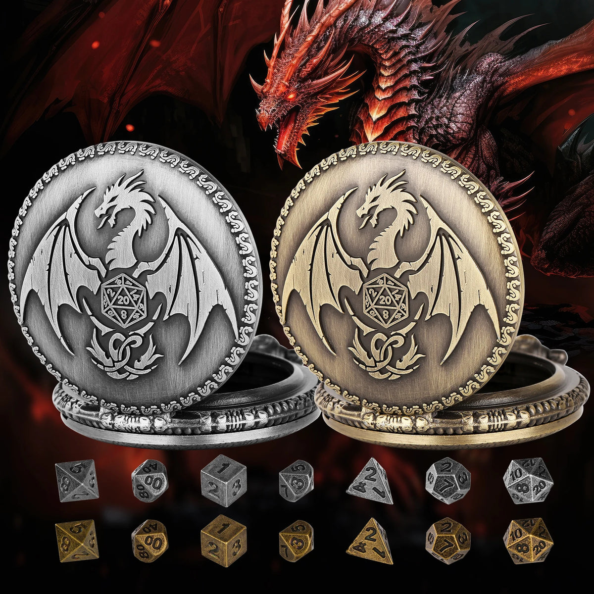 A silver and gold dragon-themed pocket watch dice case featuring two metal polyhedral dice against a dark background.