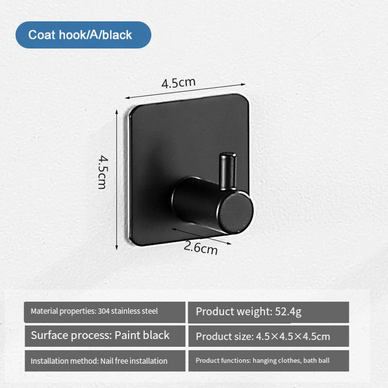 A black coat hook with a cylindrical handle, made of 304 stainless steel for hanging clothes or bath balls.