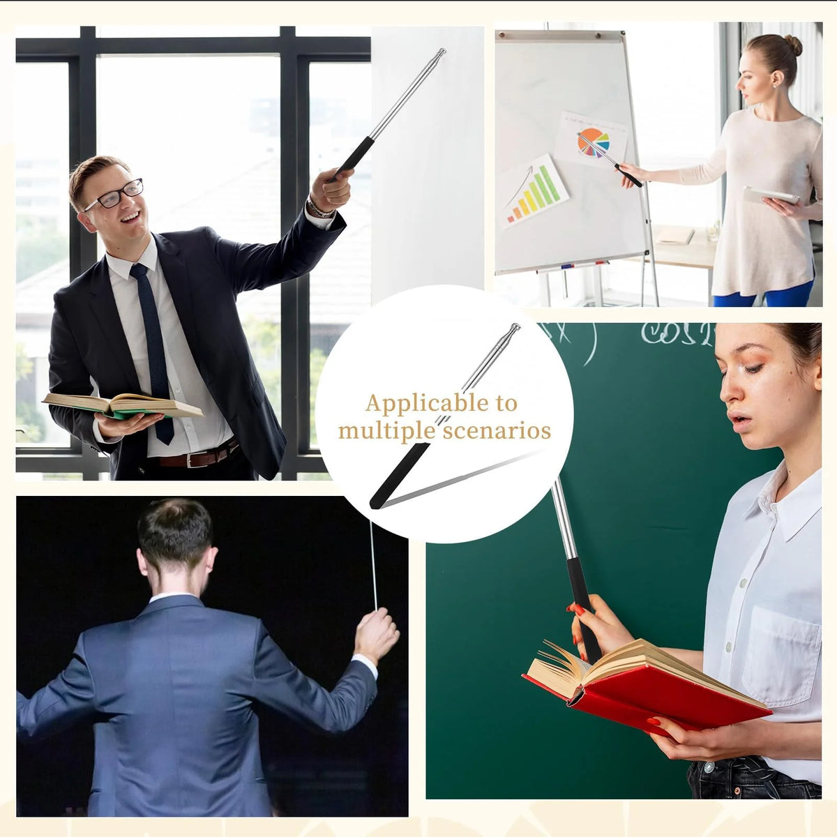 A man in a suit is using a stainless steel telescopic teacher pointer to point at a whiteboard.