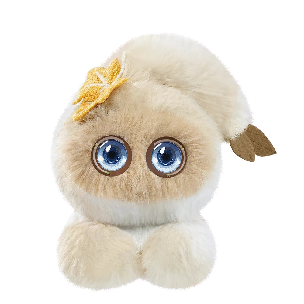 A fluffy, light beige plush robot with large blue LED eyes and a small brown ear visible.