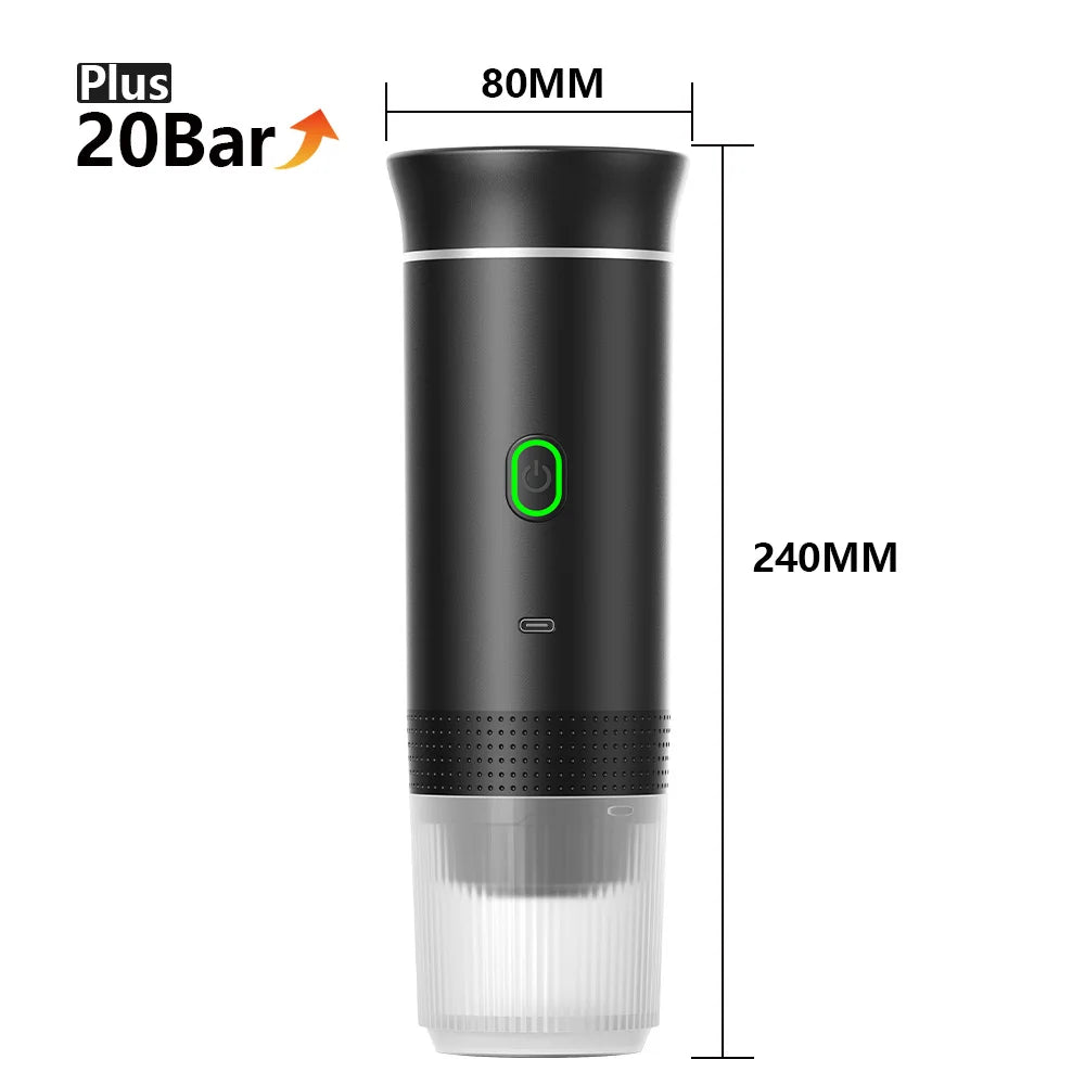 A black portable electric espresso coffee maker with a clear glass carafe and a green power indicator.