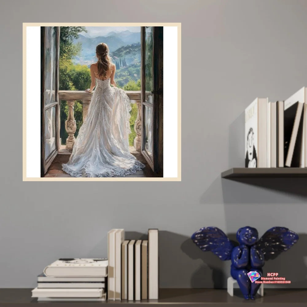 A painting of a woman in a white gown standing by a window with greenery outside.