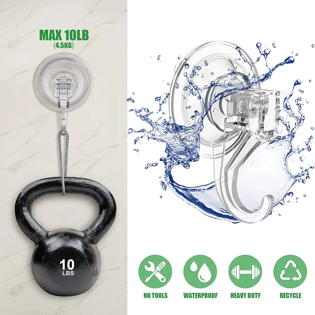 A set of heavy-duty transparent suction cup hooks with a black handle and silicone grip, shown with usage labels.