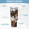 A clear image of a stainless steel tumbler featuring a photo, highlighting its double threaded lid, straw, ergonomic handle, 