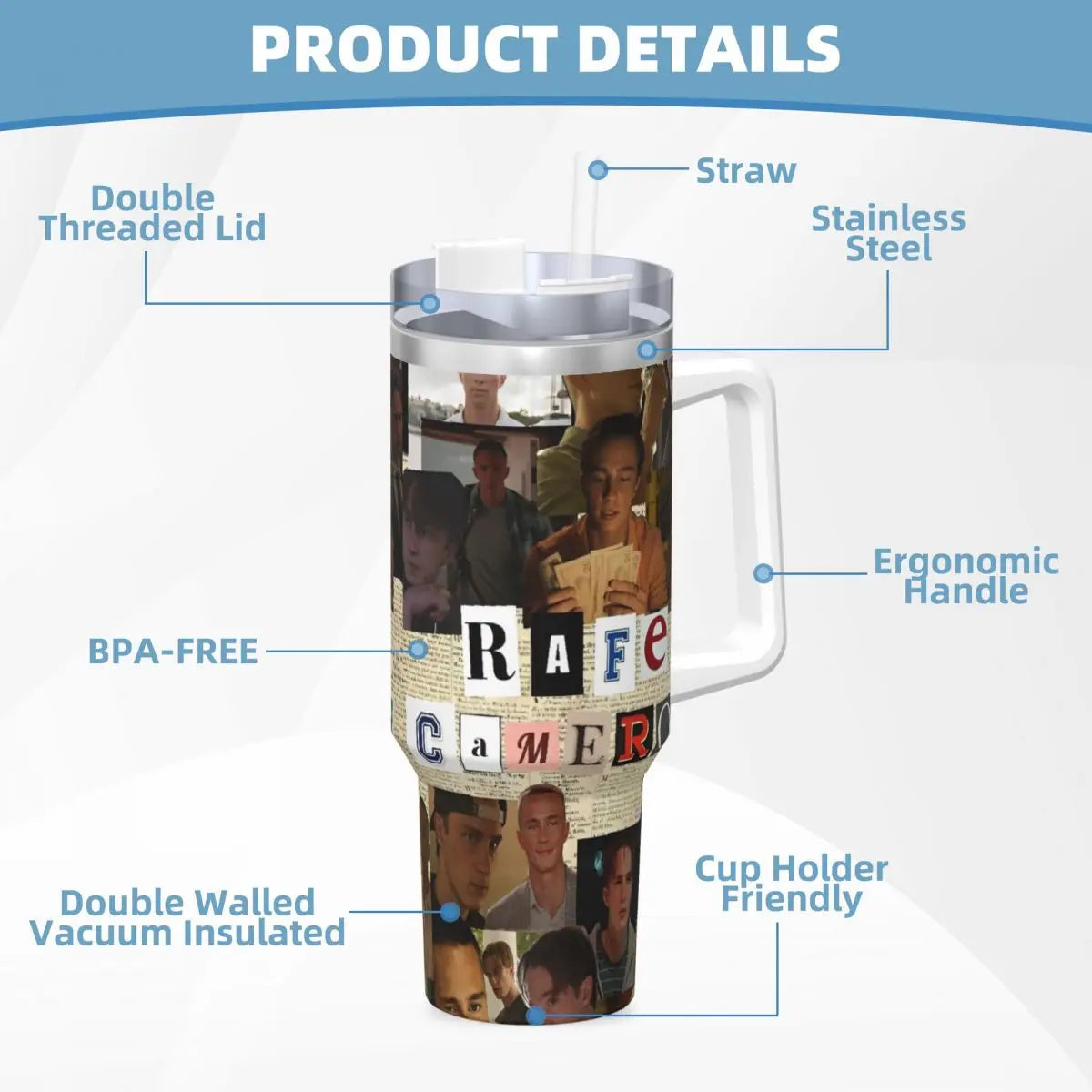 A clear image of a stainless steel tumbler featuring a photo, highlighting its double threaded lid, straw, ergonomic handle, 