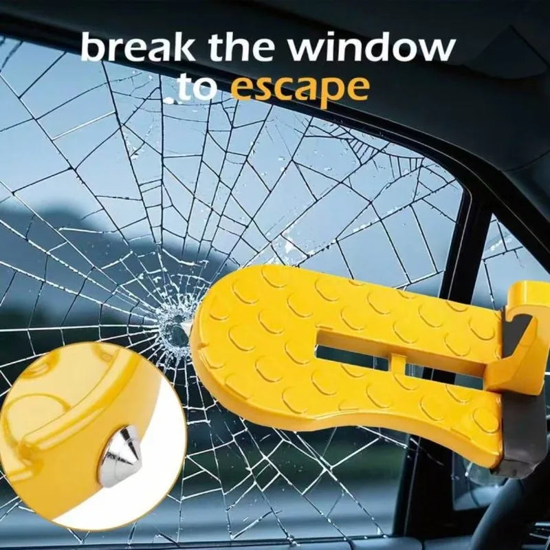 A yellow foldable aluminum car step hook is shown breaking a window, illustrating how to escape.