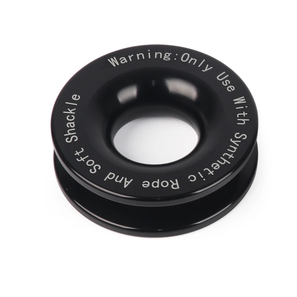 Black recovery ring with warning text for winch use and soft shackle