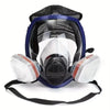 A full face chemical respirator mask with a dark blue frame and clear anti-fog visor.