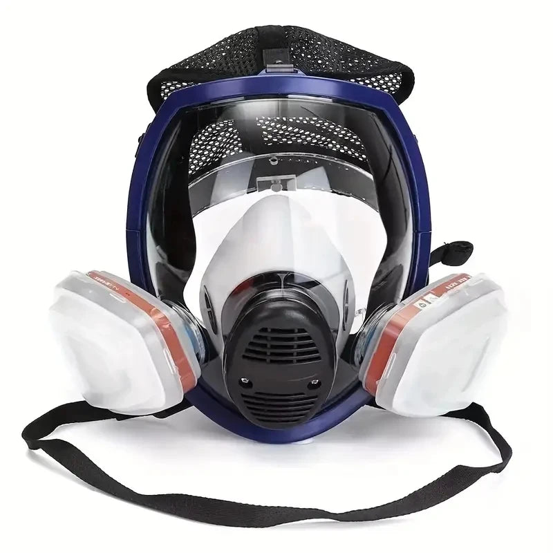 A full face chemical respirator mask with a dark blue frame and clear anti-fog visor.