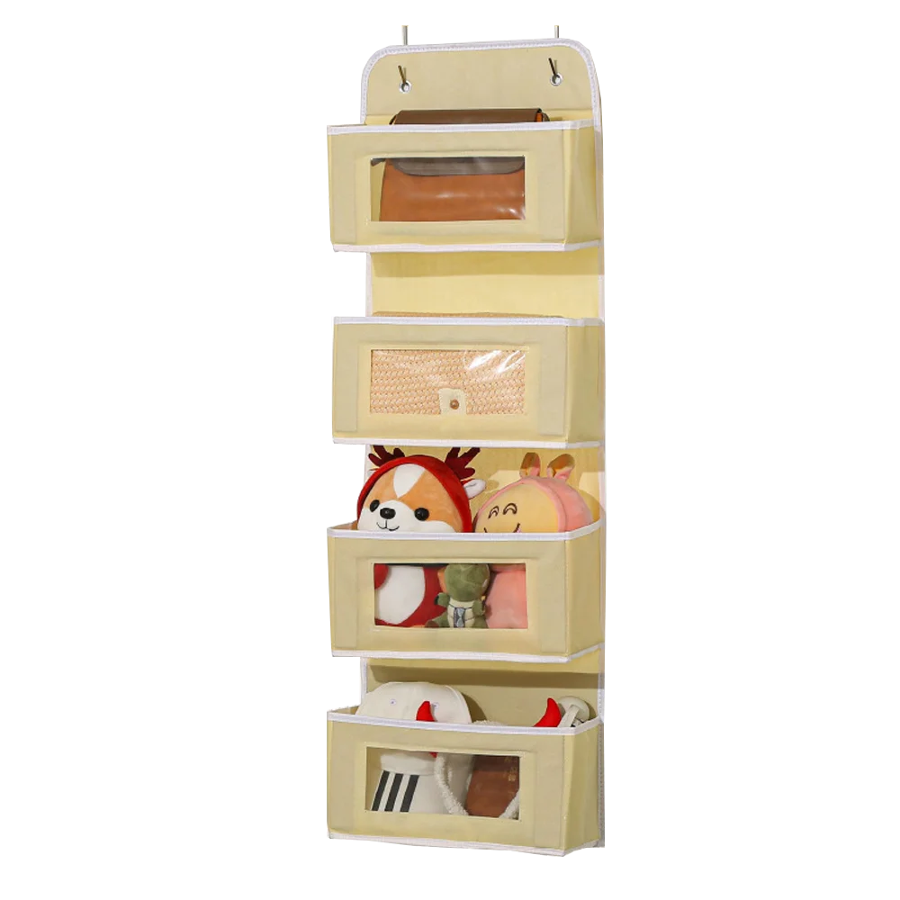 A vertical over-the-door hanging organizer with multiple compartments for storing various items.