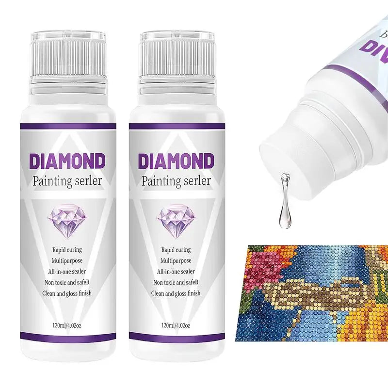 A bottle of Diamond Painting sealer with a white cap and clear liquid, next to a close-up of the product.