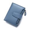 A blue genuine leather RFID blocking bifold wallet shown from above.