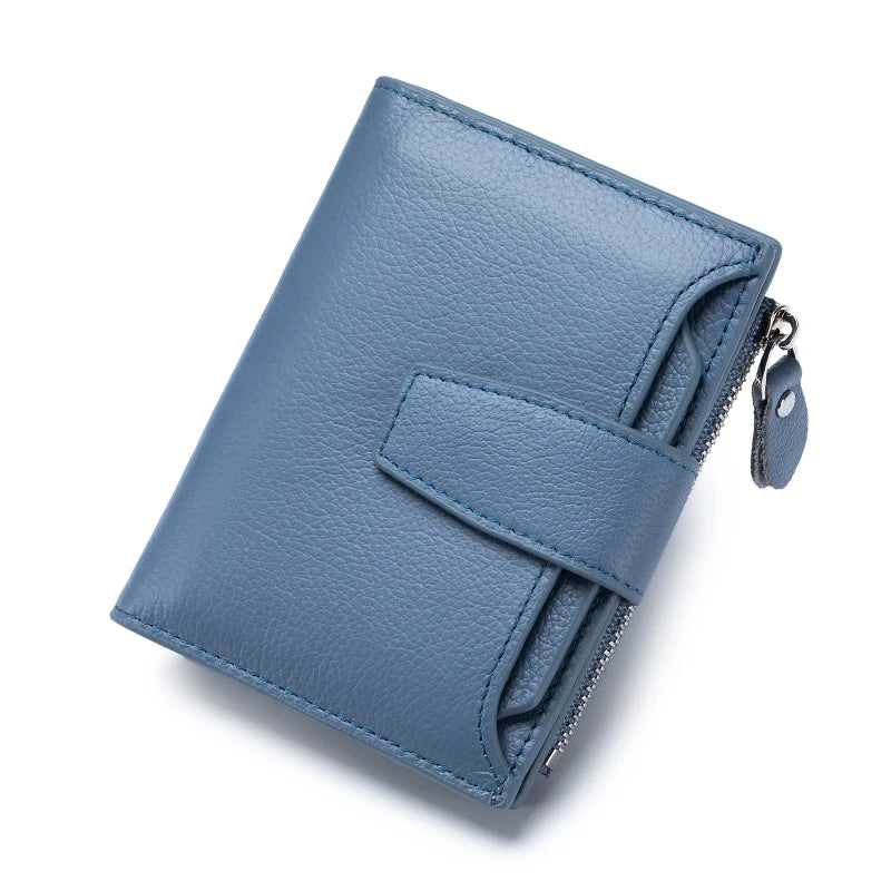 A blue genuine leather RFID blocking bifold wallet shown from above.