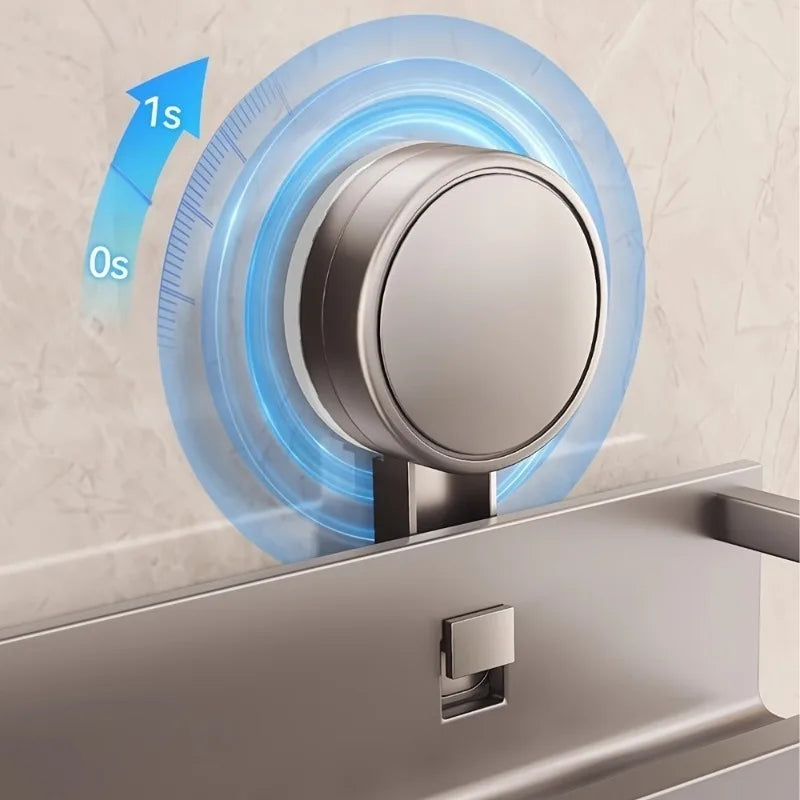 A close-up of a rustproof wall-mounted shower caddy being installed using suction cups, showing a time-lapse of the mounting 