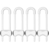 A set of four white adjustable U-shaped child safety cabinet locks for knob handles.