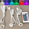 A set of USB LED light boards with remote controls and touch dimming features, showing various colors like blue, cyan, green,