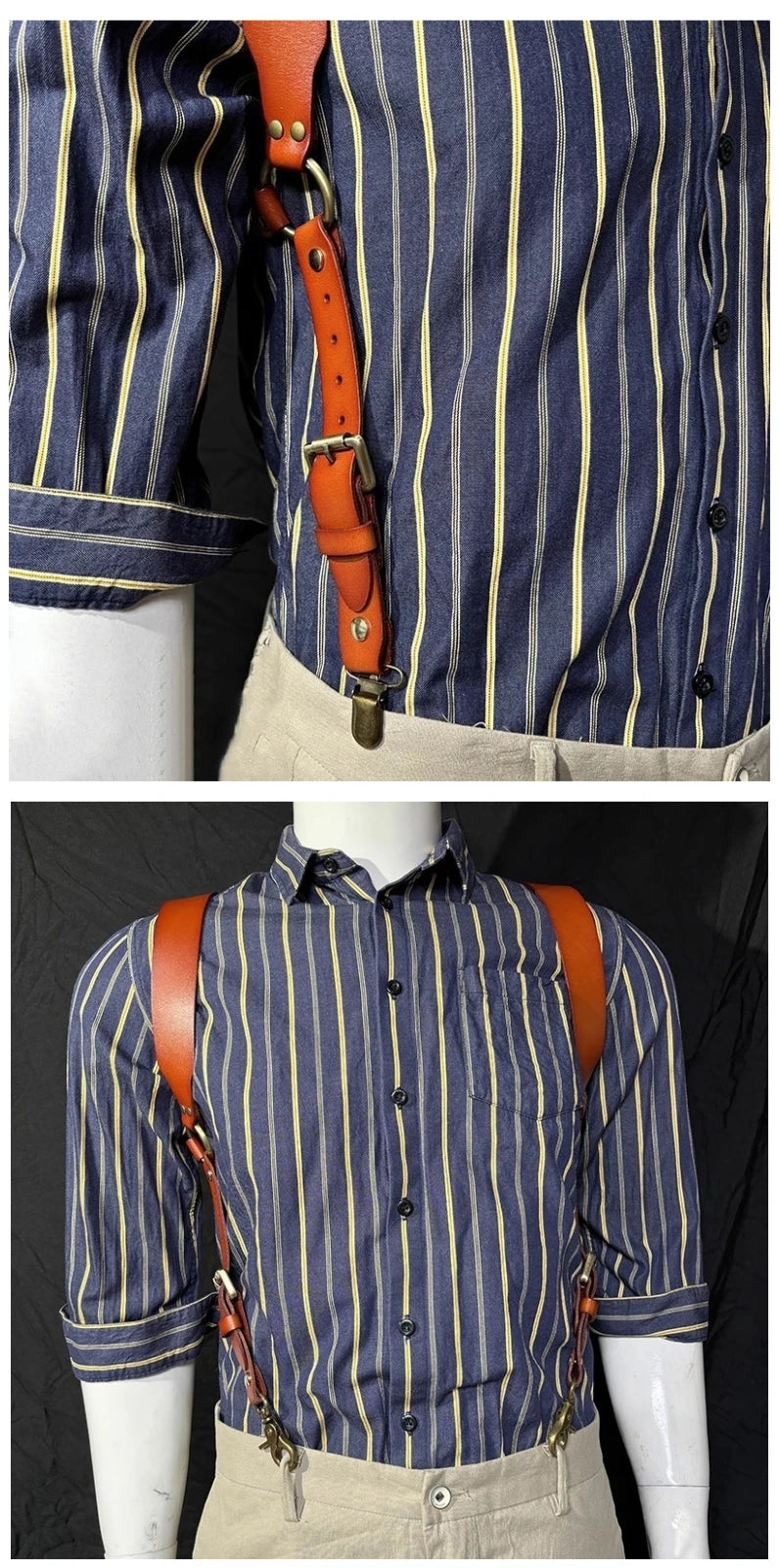 A man wearing a blue and yellow striped shirt with genuine leather double shoulder suspenders.