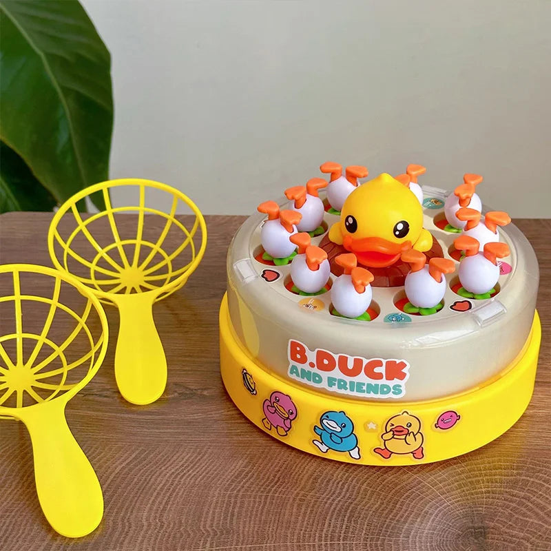 A round game featuring a yellow frog character and several small figures, displayed on a yellow base.