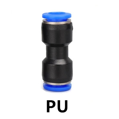 Black and blue industrial pneumatic push-to-connect fitting.