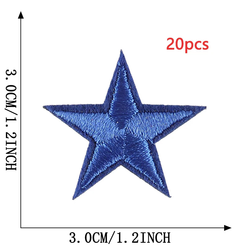 A blue star embroidery patch is shown against a measurement scale, indicating its size of 3.0cm or 1.2inch.