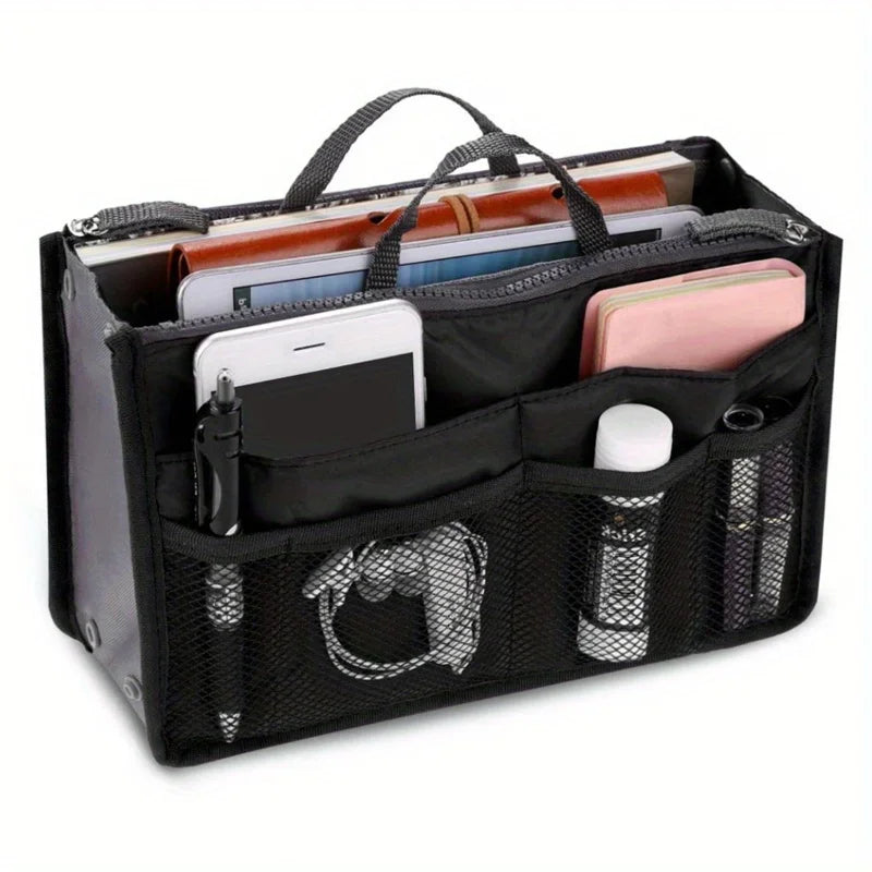 Black foldable oxford cloth makeup organizer bag with multiple compartments for cosmetics and tools