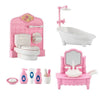 Pink miniature dollhouse furniture set including a toilet, sink, and vanity mirror