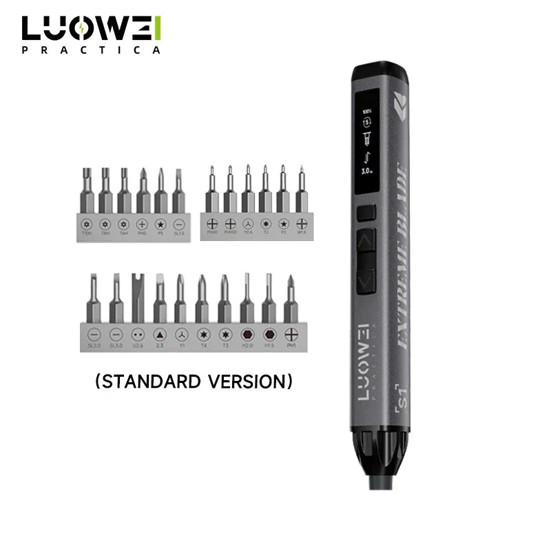 A black precision electric screwdriver with an LED light and digital display is shown.