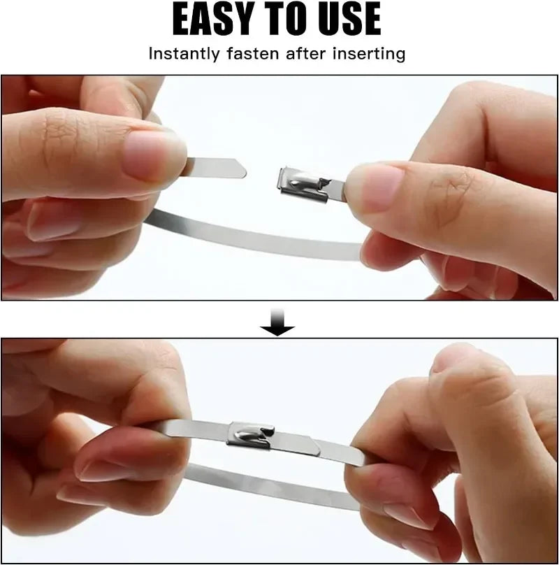Hands are shown inserting and fastening a heavy-duty stainless steel cable tie.