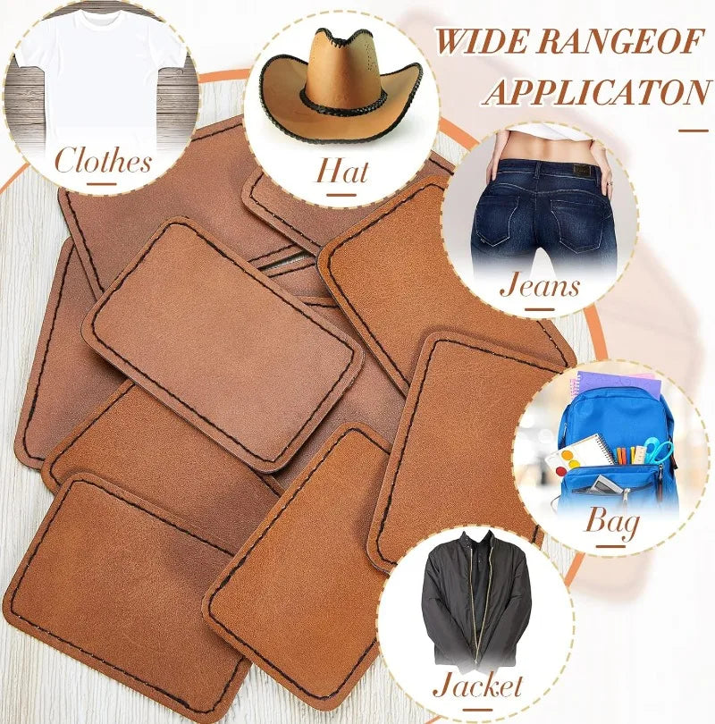 A collection of brown faux leather hat patches and other leather patches for DIY crafts and repairs