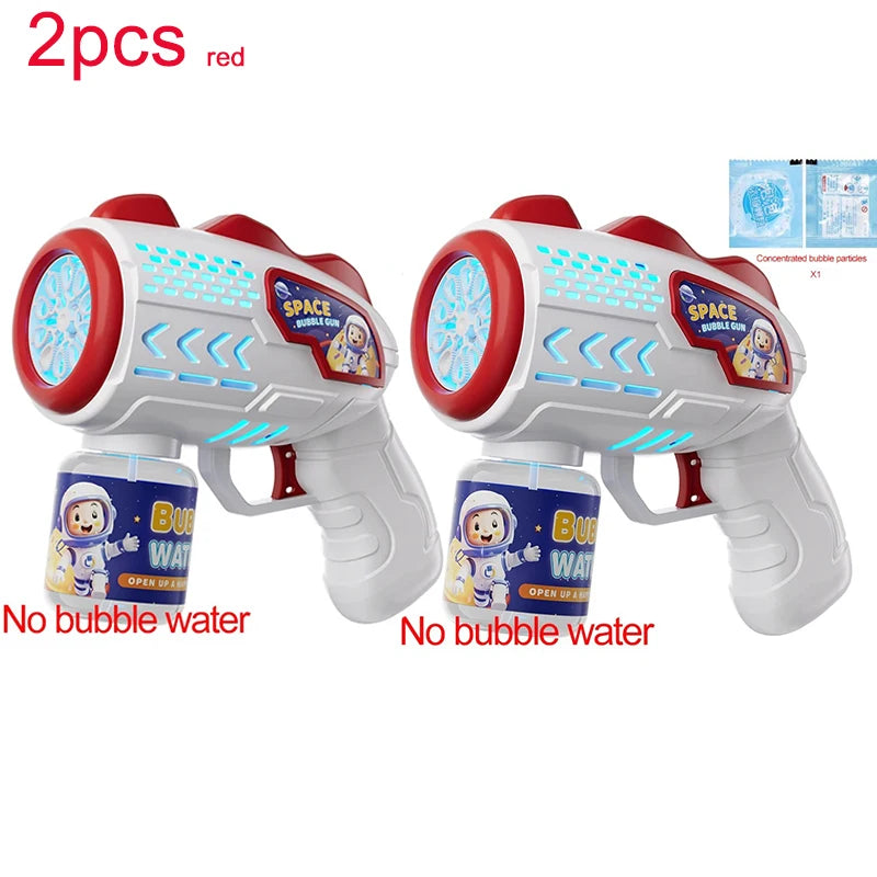 Two red astronaut bubble blaster toys are shown, with labels indicating no bubble water.