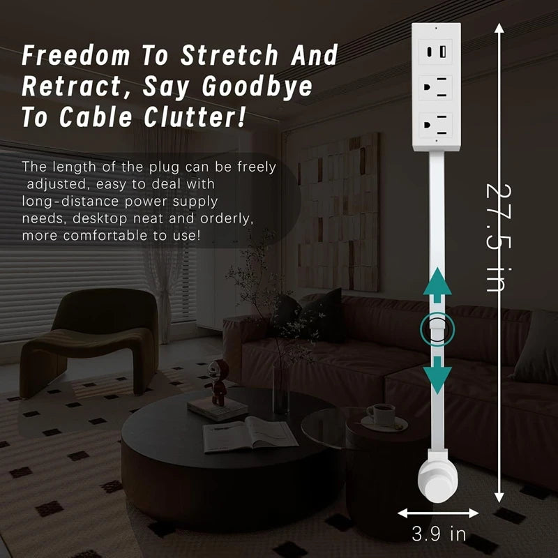 A white rotating wall outlet extender with adjustable length and USB ports shown next to a sofa.