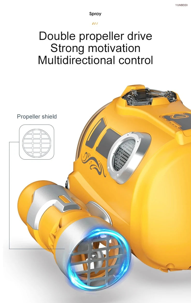 Yellow double propeller drive spray boat with a visible propeller shield and LED lights