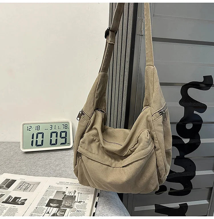 Cotton Canvas Crossbody Bag with Large Capacity