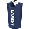 A navy blue collapsible laundry basket with a white text label reading LAUNDRY