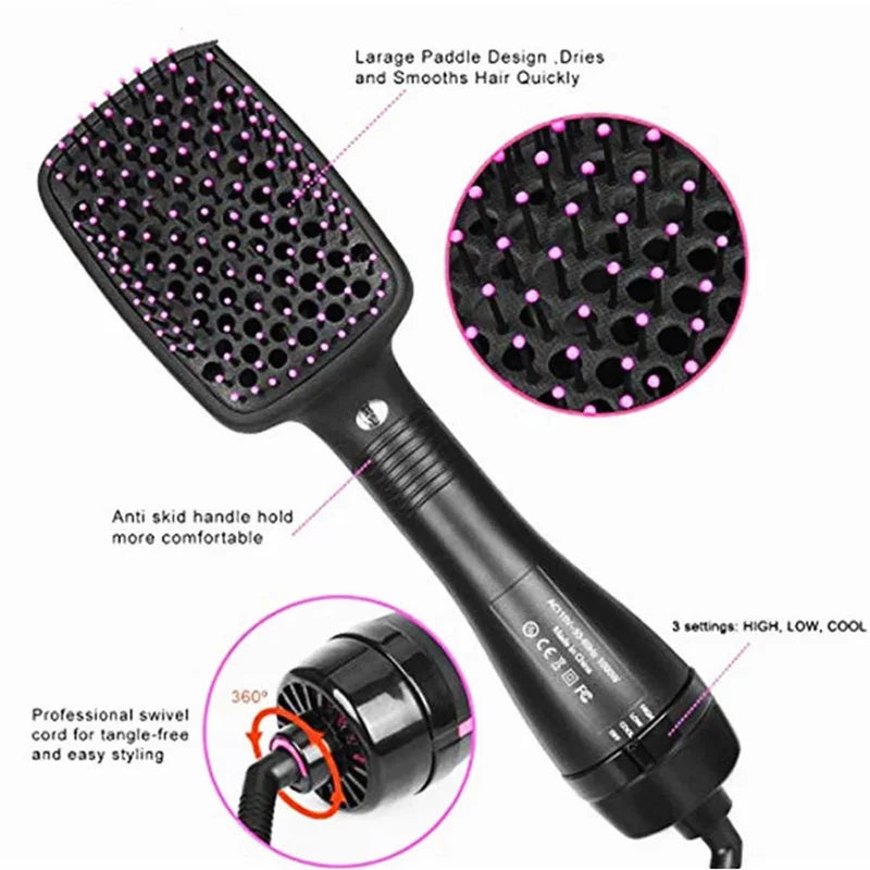 A black hot air brush dryer and styler with a large paddle design and anti-skid handle.